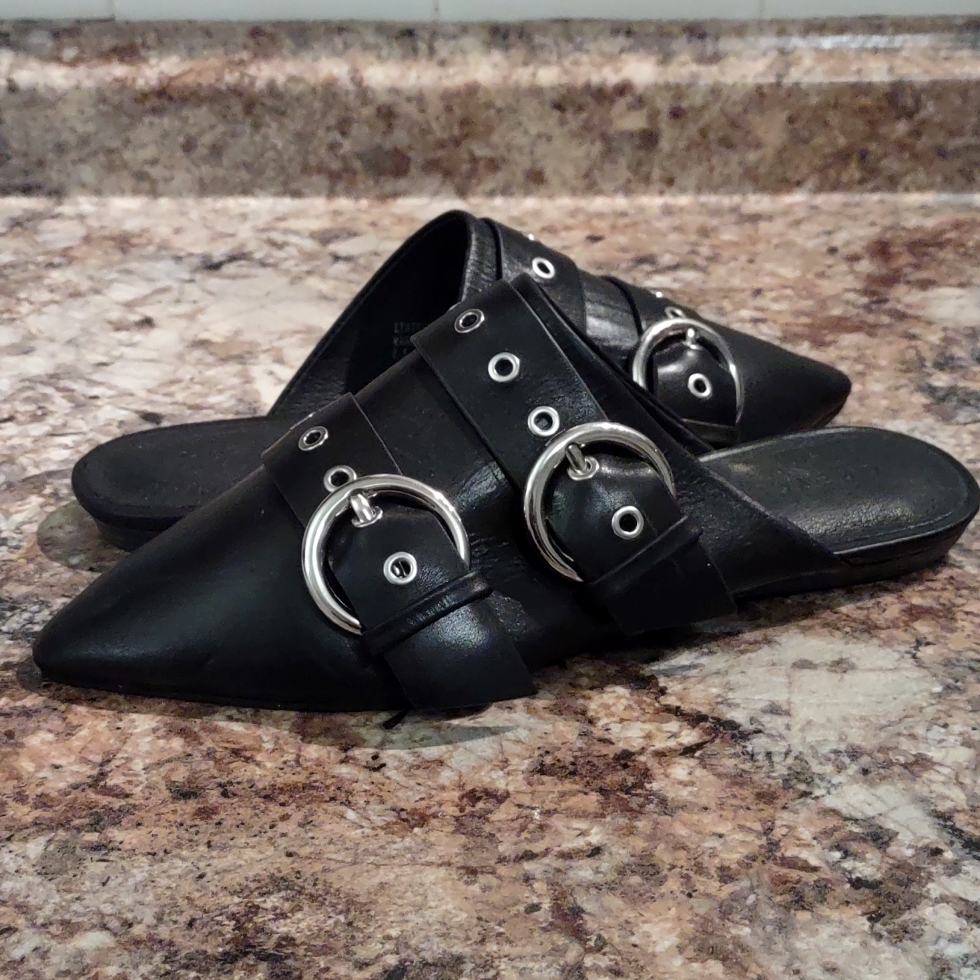 Grey City Buckle Leather Flats